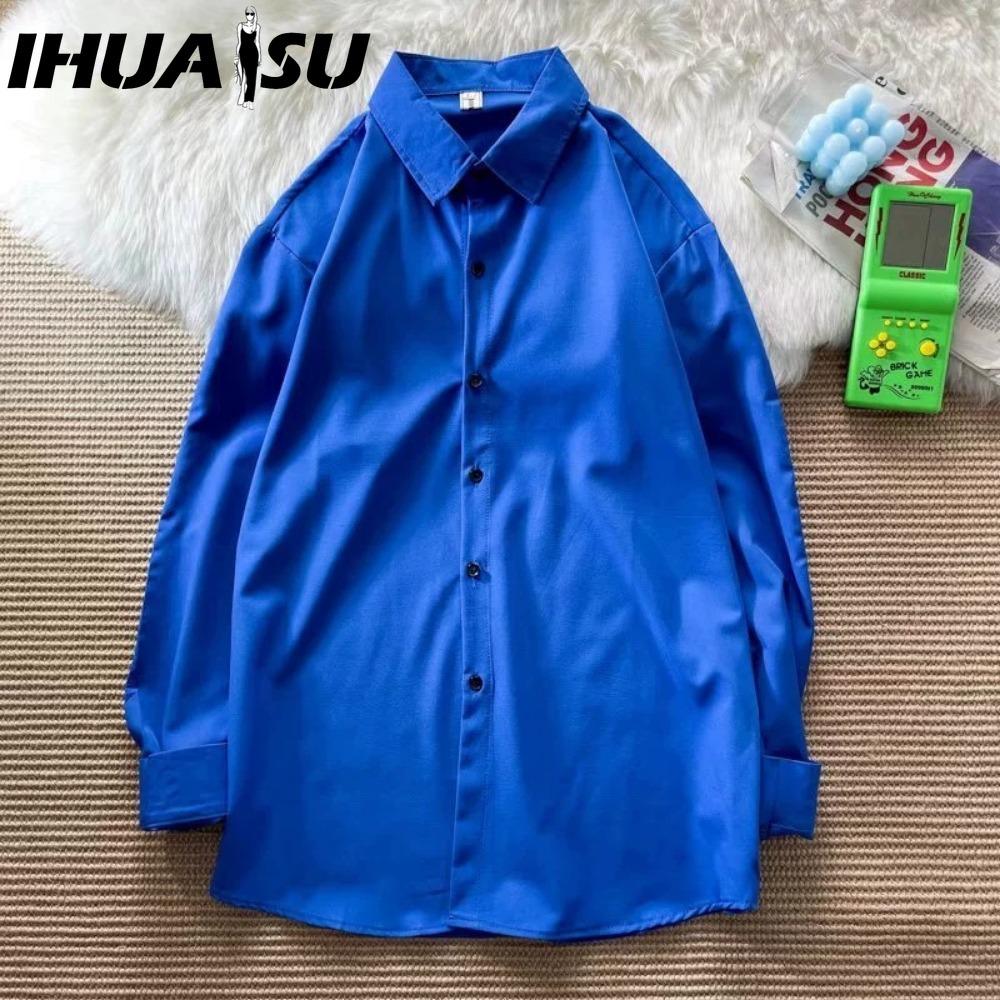 

IHUASU Женская Мода Повседневные Однотонные Блузки и Рубашки с Принтом и Длинным Рукавом и Воротником ПОЛО XXXL ярко-синий