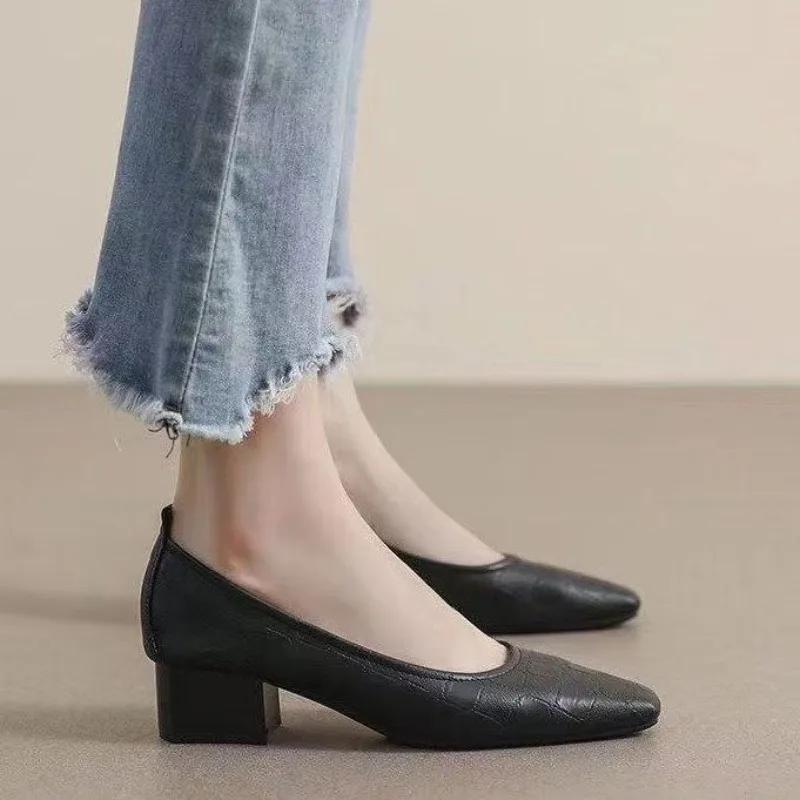 Fashion With Medium Heels Office Block Heel Square Chunky Shoes for Women Woman Pumps Toe Spring Summer 2025 Non Slip Luxury Brand Trend