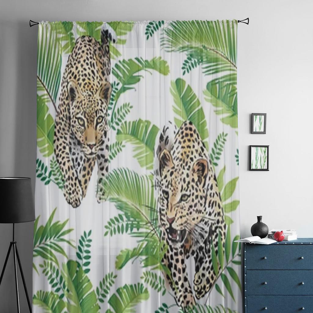 Leopard Palm Leaves Sheer Window Curtains For Living Room Bedroom Modern Voile Tulle Curtains Fabric Drapes For Kitchen