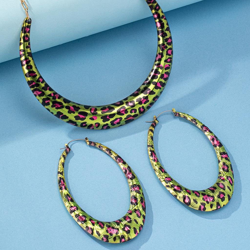 Nou set de cercei colier exagerat cu imprimeu verde leopard la modă pentru femei