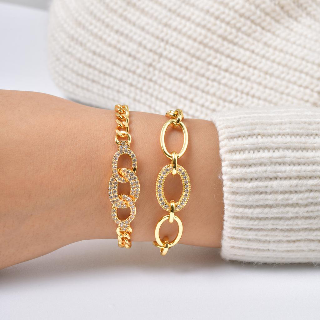 Gold Kupfer Mikroeinlage Zirkon Geometrisches Design Ovaler Ring Armband Damen Pbr-302