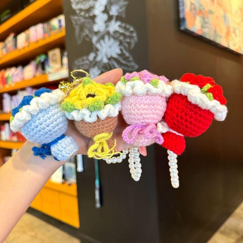 Sweet Flower Bouquet Keychain Rose Car Key Ring Cute Knitted Flower Pendant  Backpack Decor
