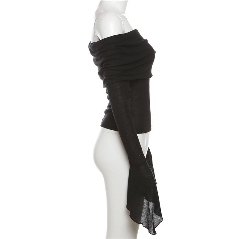 Fashion New Solid Slim Fit Off Shoulder T-shirt Women Sexy Backless Flare Long Sleeve Tshirts Woman Street Y2K Elegant Casual Lady Tee Shirt 24574