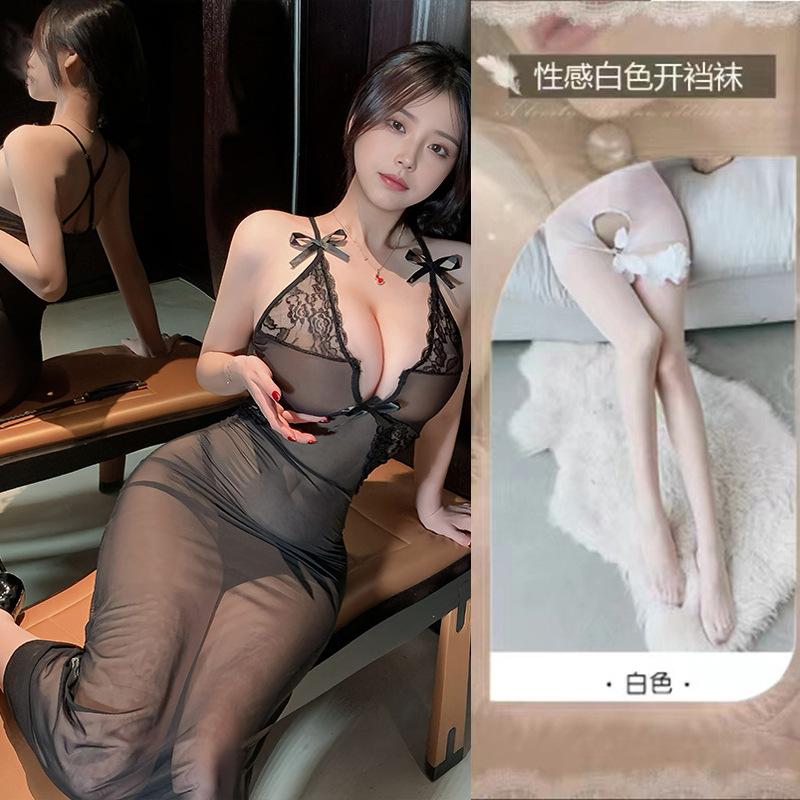 Sexy lingerie sexy perspective long dress female deep v suspender flirting seduction bed dating pure lust passion