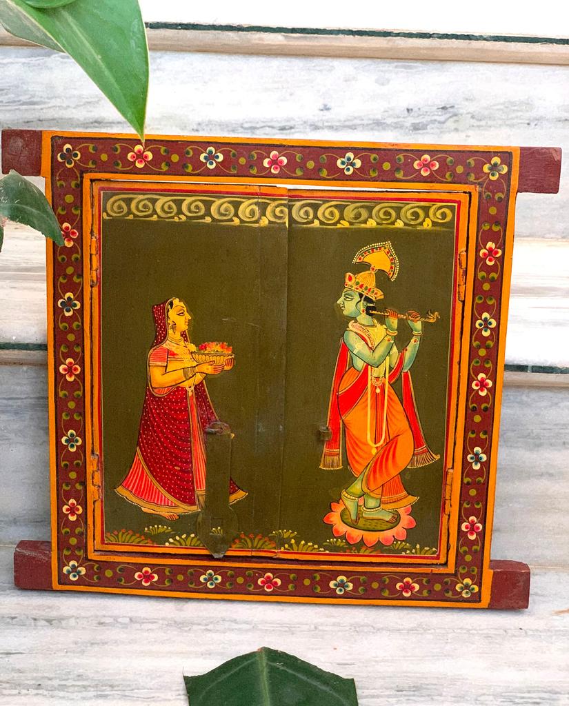 Handmade Radha Krishna Painting: Vintage Wooden Window Wall Decor