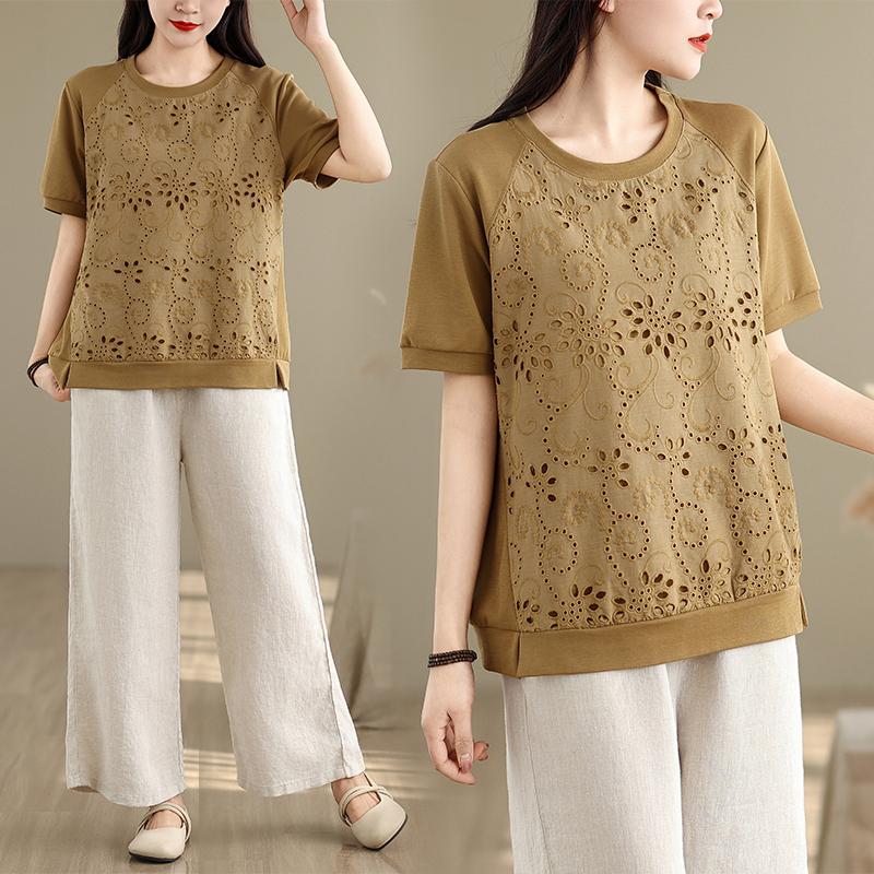 Dimanaf 2025 Summer Plus Size Tops Cotton T-Shirt Floral Hollow Women O-Neck Short Sleeve Loose Solid Tees