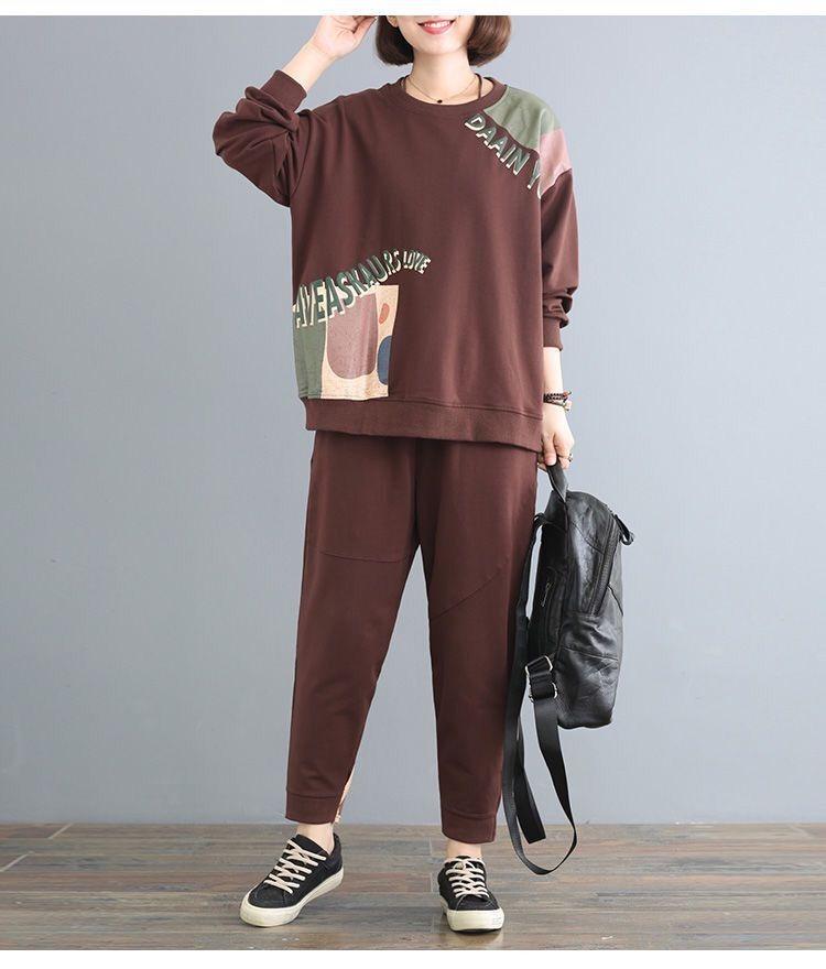 Zweiteiliges Set für Damen in großen Größen: Lockeres Langarm-Oberteil & Hose für Mittelalte & Ältere - Frühling/Herbst