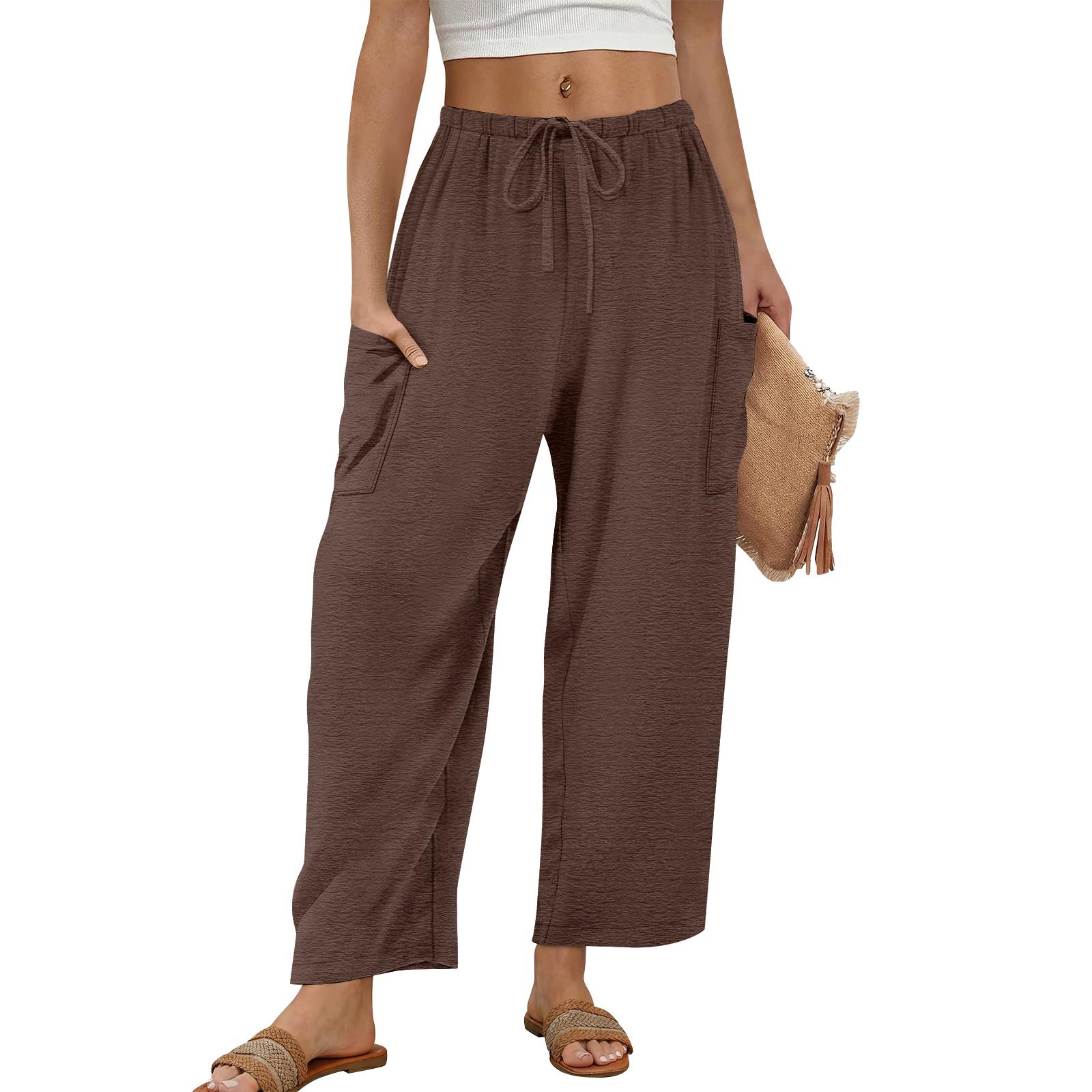 

Women s Wide-Leg Trousers: Flowy, Wide-Leg Pants With Elastic Waistband And Pockets—Summer Beach Vacation Outfit L коричневый