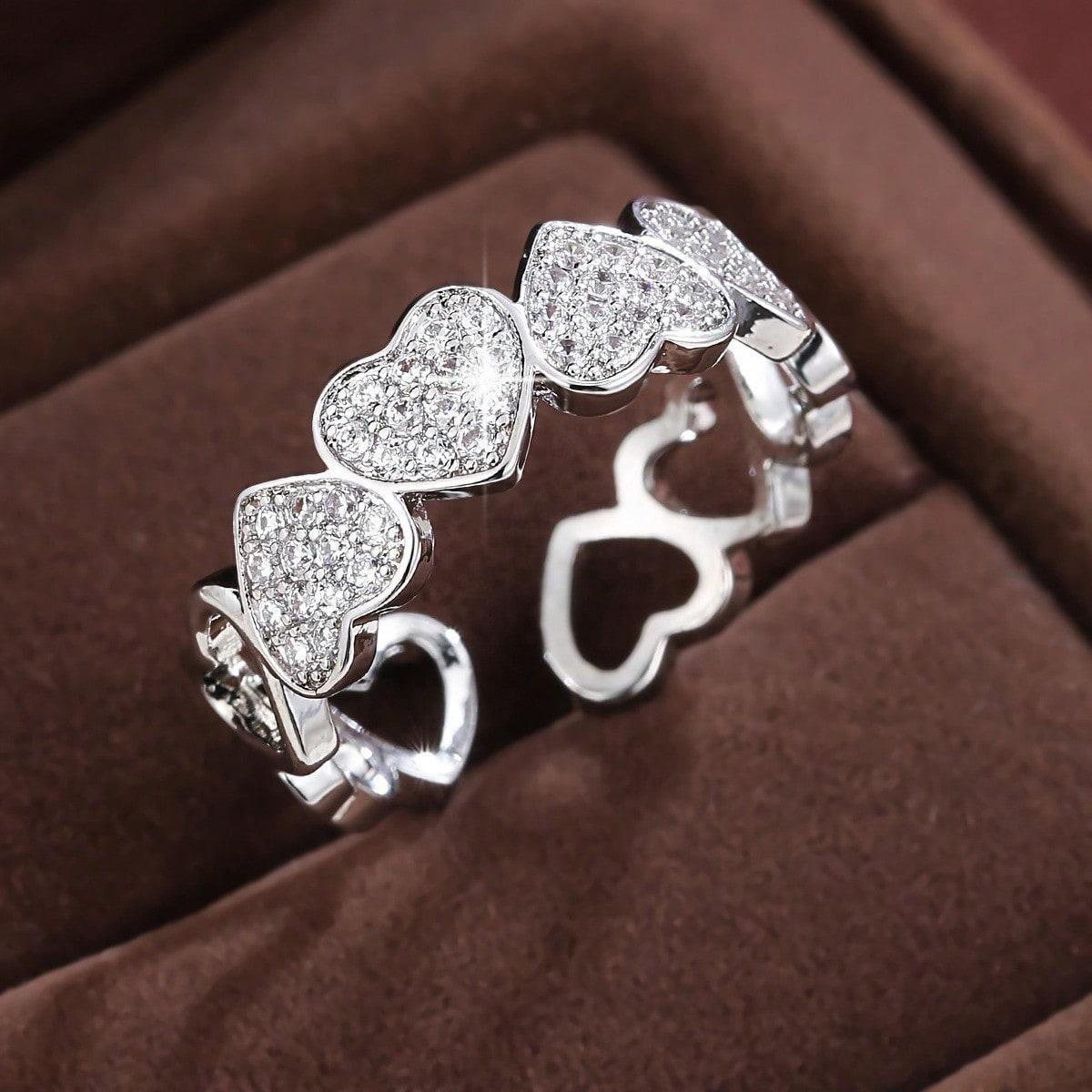 

1pc Inlaid Synthetic Zircon Heart-shaped Ring, Fashionable Open-end Ring, Suitable for Daily Wear and Holiday Gift Giving срібний