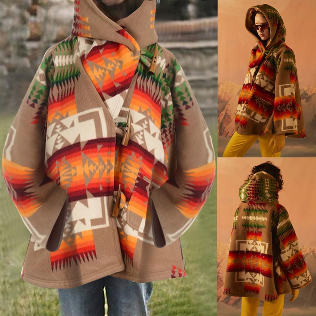 Womens Casual Retro Print Long Sleeve Hooded Jacket Pocket  Button Coats