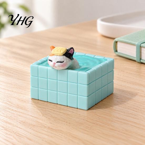 Decorative Cat in Bathtub Cute Bathing Figurine, Mini Kitten Blue Statue, Micro Landscape Charming Office Desk Decor Fairy Garden Ornament,