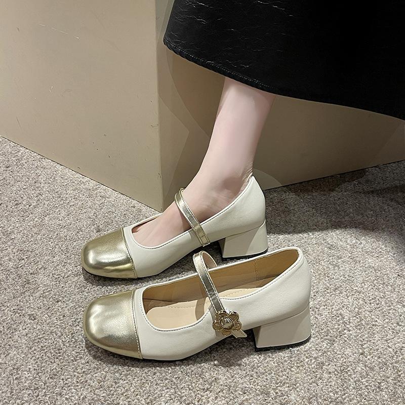 Round head Mary Jane shoes women's new spring and summer with skirt thick heel light mouth middle heel fairy single shoes
