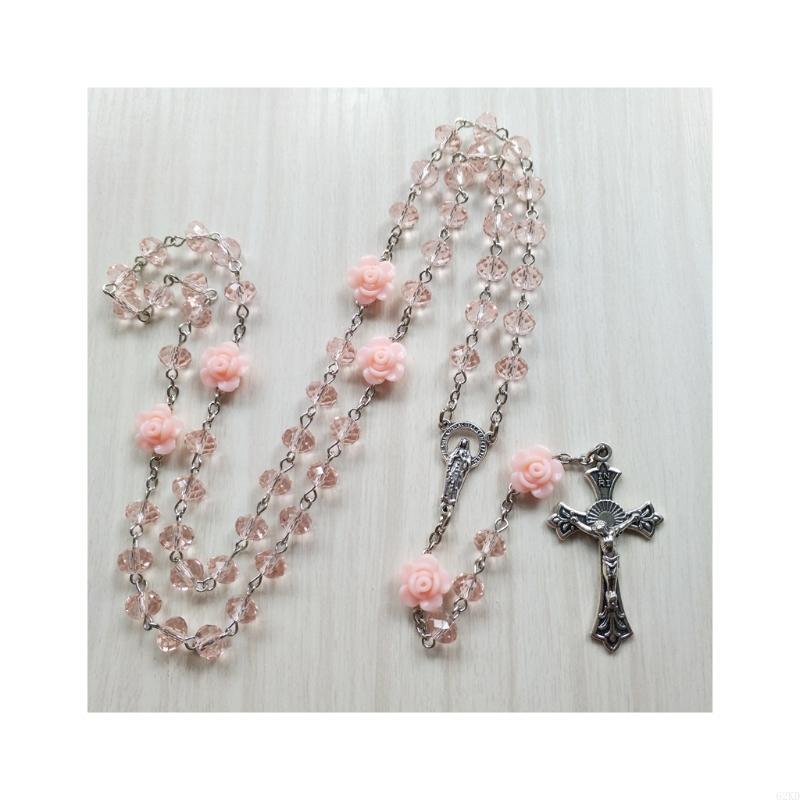 62KD Rose Crystal Rosary Necklace Catholic Vintage for Cross Pendant Long Chain Neckl