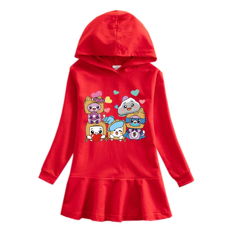 2026 Spring/Autumn Girls' Ruffle Rainbow Cartoon Hooded Long Sleeve Sweatshirt Dress