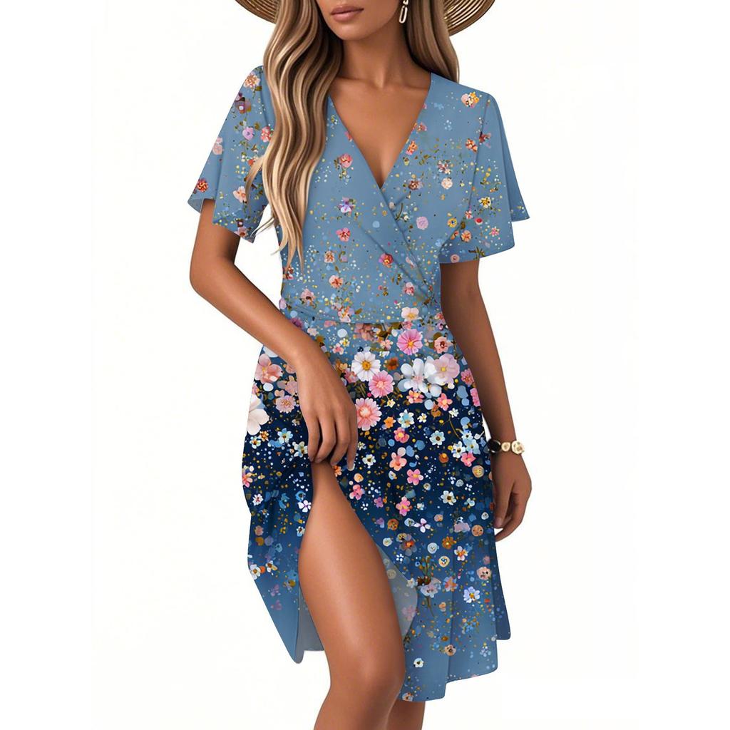 Women's Fashion Short Sleeve Wrap Sundress V-Neck Floral Print Dresses