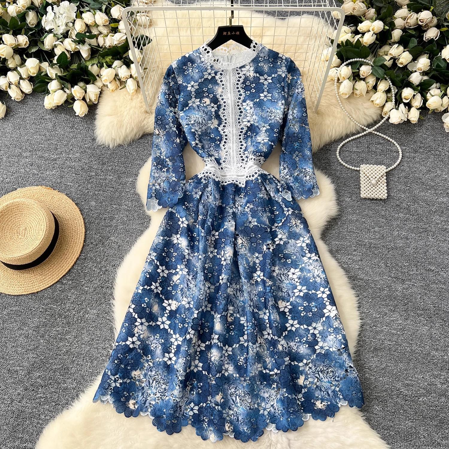 

Осеннее винтажное кружевное платье с цветочным принтом, женское элегантное платье с воротником-стойкой и вышивкой, облегающее вечернее платье с высокой талией XXL синий