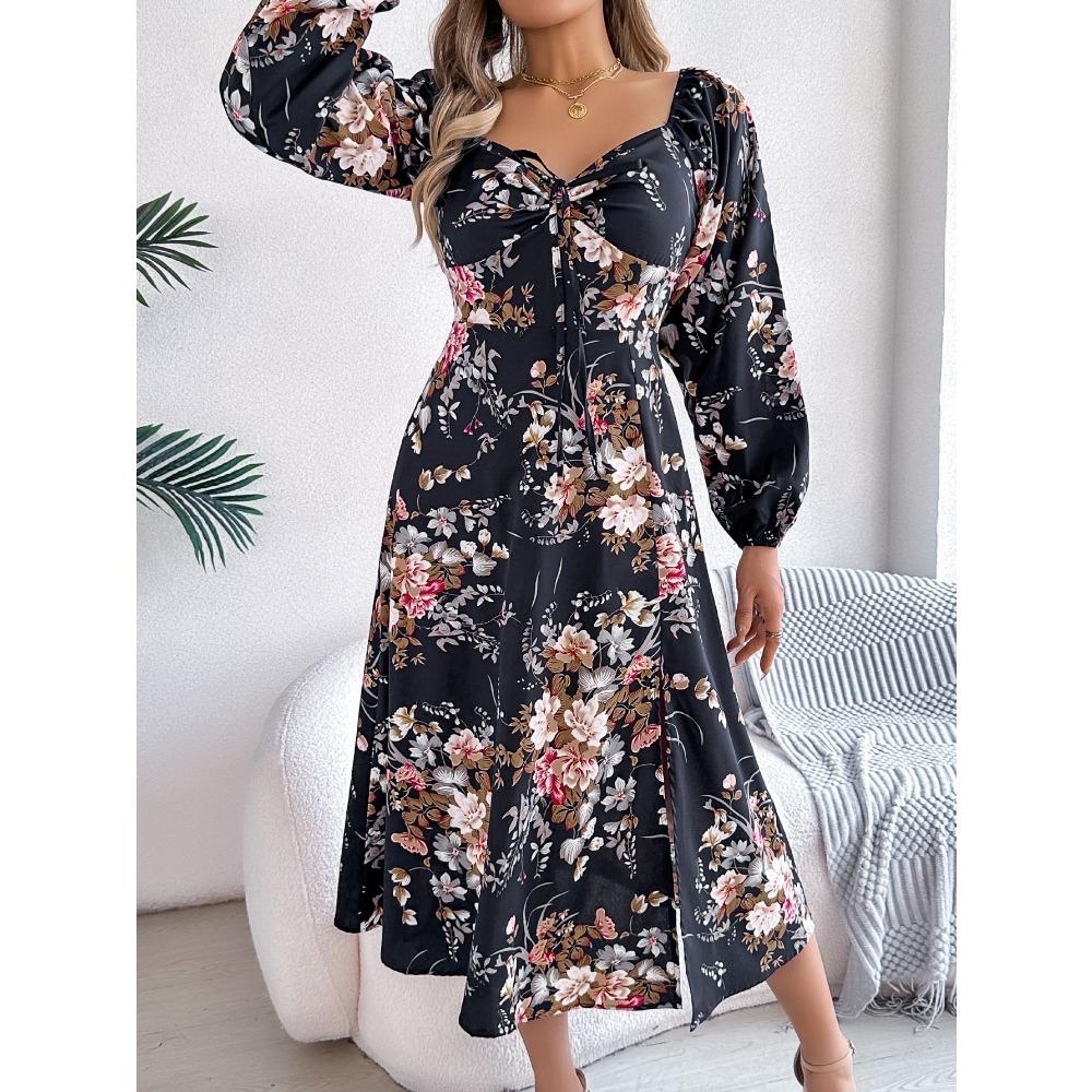 Spring Summer Sexy Tie Knot Floral Long Sleeve Split Dress Women's Dresses Skirt