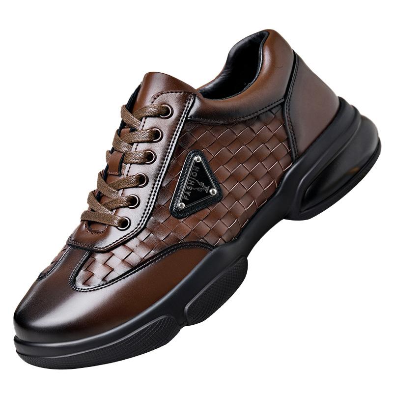 Casual leather shoes men's spring new woven fashion men's shoes men's soft-soled breathable lace-up round head sports casual shoes