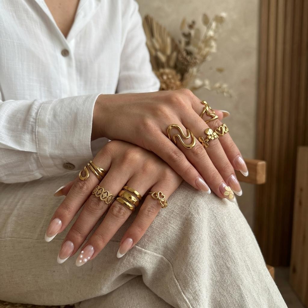 Stainless Steel Gold Color Love Heart Ring Set For Women Hollow Flower Geometric Finger Rings Party Vacation Waterproof Jewelry