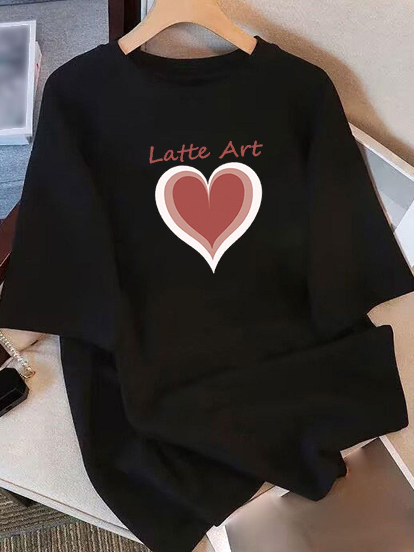 

Womens Short Sleeve TShirt with Latte Art Heart Print Harajuku Short Sleeve Casual Clothing Street Tops Tees Aesthetic Clothes S