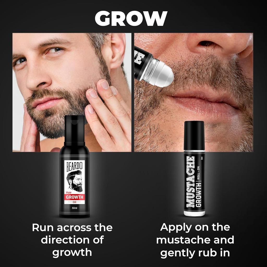 Beard Growth Oil 50 Ml And Mustache Roll On 8 Ml Kit For Men Thick Fuller Beard Care And Patchy Beard Solution Set
