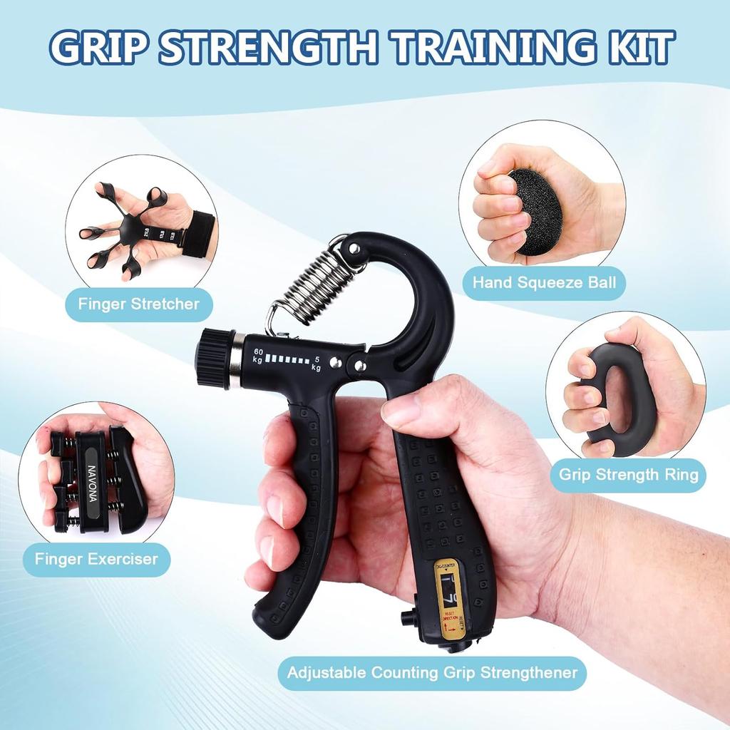 Grip Trainer Kit: Adjustable Hand Gripper,Finger/Hand Exercisers,Stress Ball & Forearm Ring for Muscle Build & Injury Rcvry