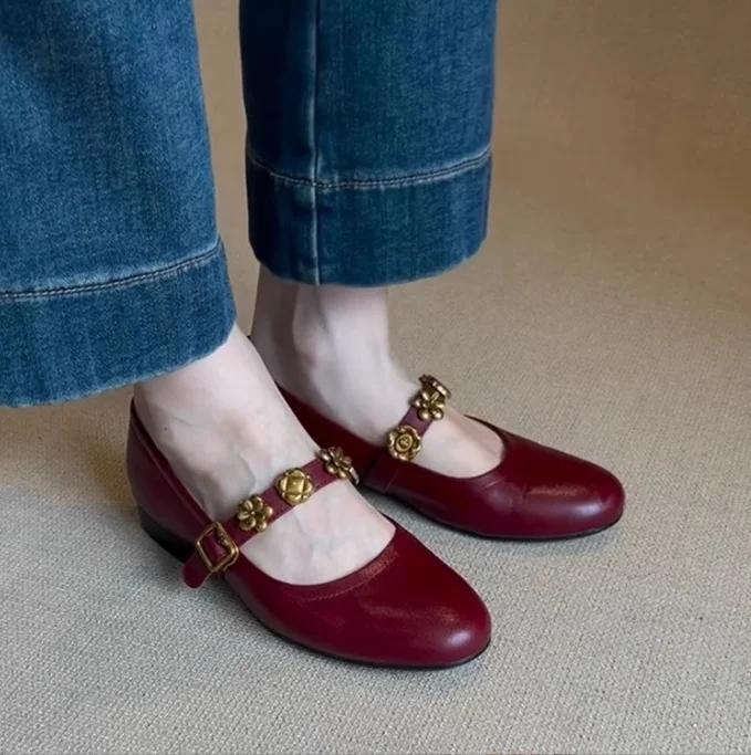 

Fashion Metal Buckle Genuine Leather Women Mary Jane Shoes Women s French Shallow Mouth Single Shoes Low Heel Temperament Ballet Shoes 35 красный