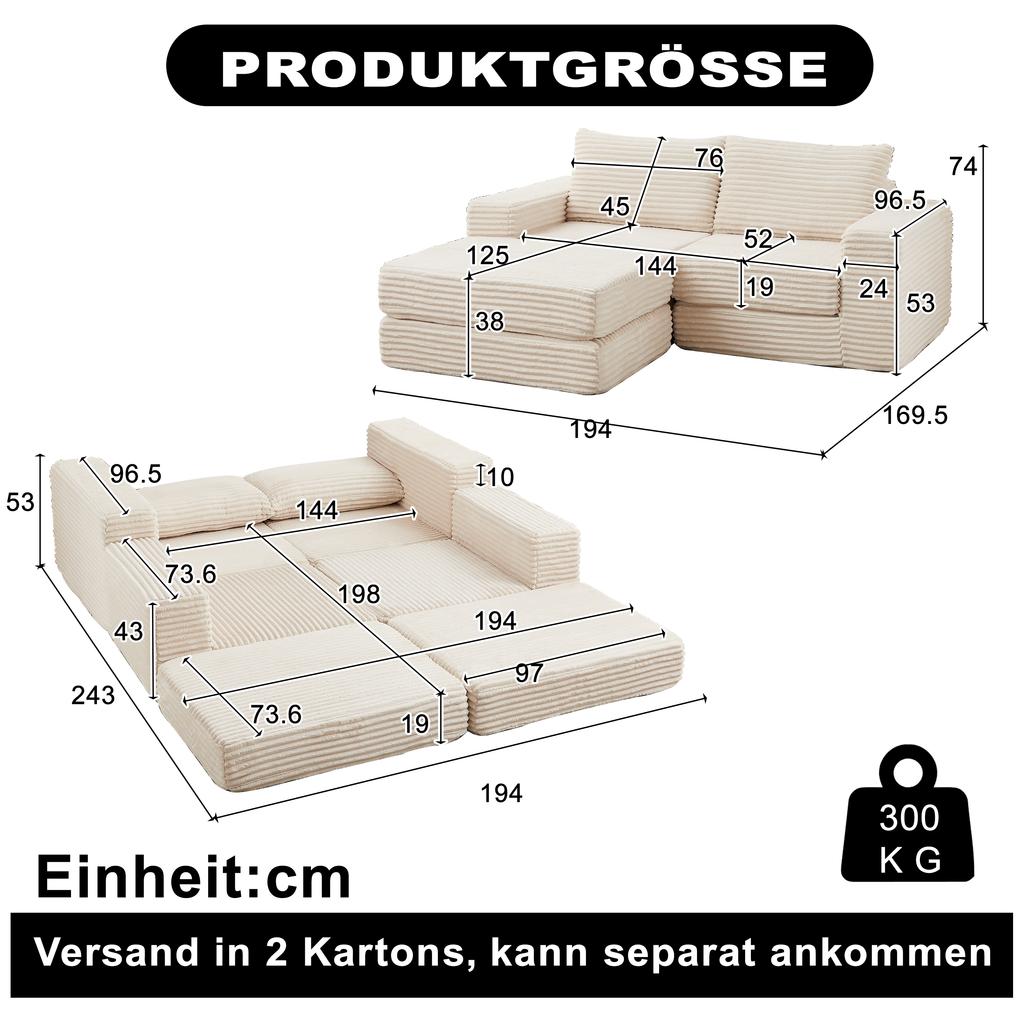 Corduroy 2-in-1 Schlafsofa mit zwei Kissen, Klassische eckige Armlehnen, Abnehmbarer Hocker, Modulares Sofa mit flexibler Konfiguration
