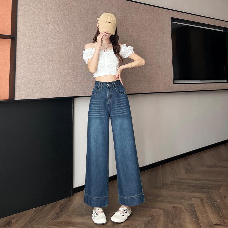 Women s White High-Waist Cropped Tencel Denim Pants - Soft, Thin, Wide-Leg, 8-Point Style for Summer Small (S)
