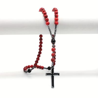 Grenzüberschreitender Export Naturstein 8mm Roter Kiefernstein Schwarzer Achat Schwarzer Gallenstein Kreuz Rosenkranz für Männer Lange Kette