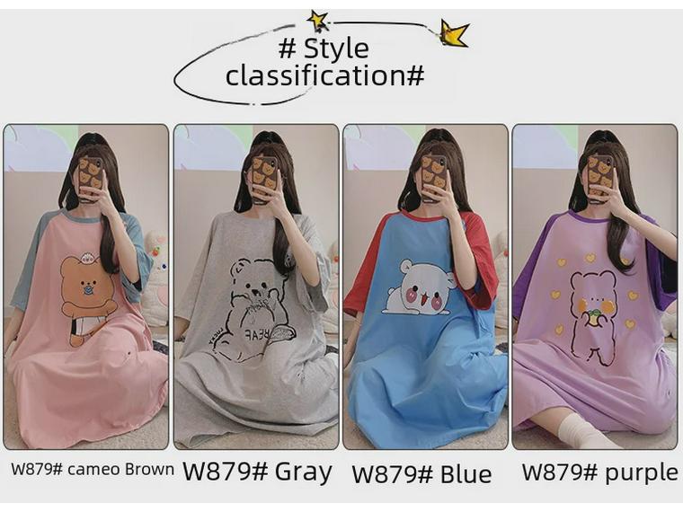 Women's Plus Size Cotton Nightdress - Cute Cartoon, Round Neck, Long Sleeve, Spring/Summer