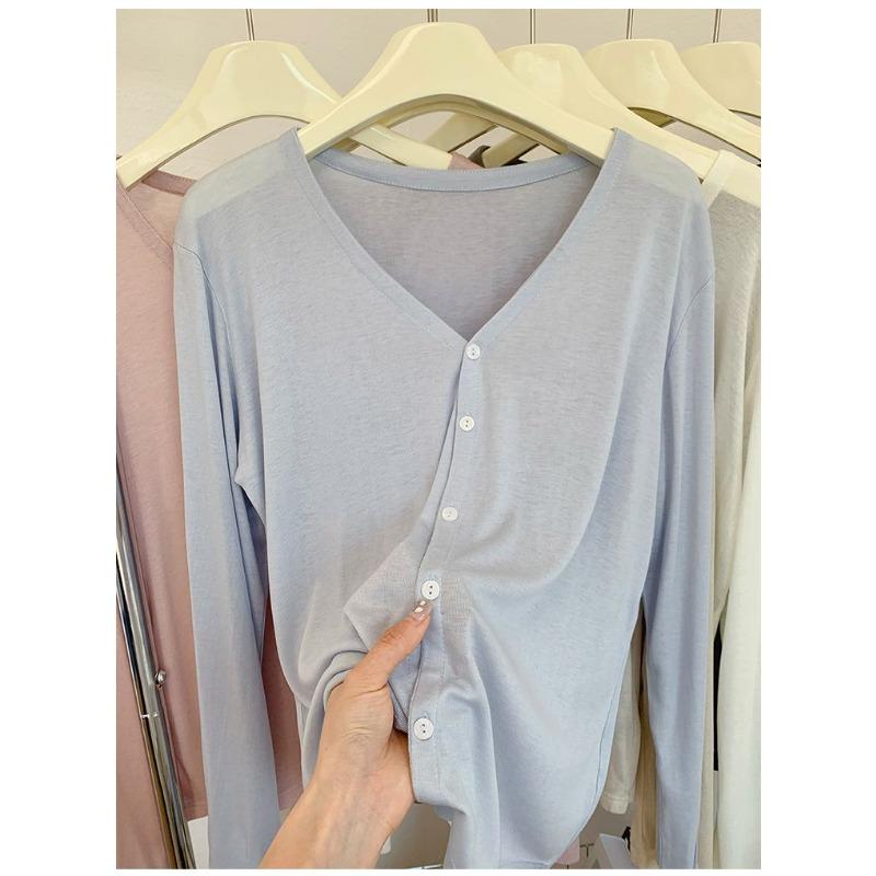 Beiges V-Ausschnitt Knopfleisten-Langarmtop Dehnbarer Weicher Stoff Lockere Bequeme Passform Damen Alltagsbluse