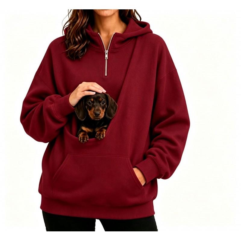 Womens Half-Zip Hooded Sweatshirt With Pet Pocket Loose Fit Fall Winter Top Small Dogs