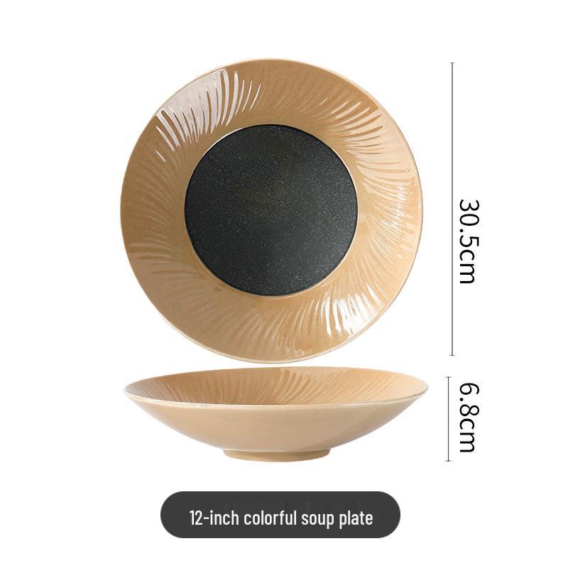 High-End Multi-Color Ceramic Dinnerware Set: Western Plates, Soup Bowls, Salad Bowls, and Wide-Edged Flat Plates for Commercial Use.