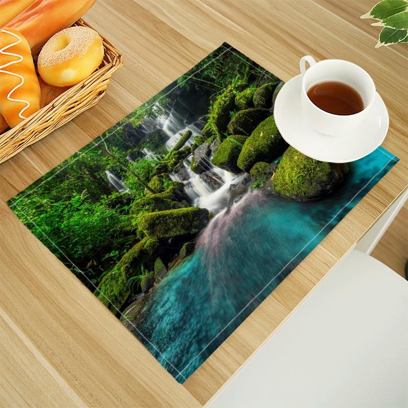 Natural Waterfall Print Linen Dining Table Mats Alphabet Kitchen Placemat 30X45cm Coasters Pads Bowl Cup Mat