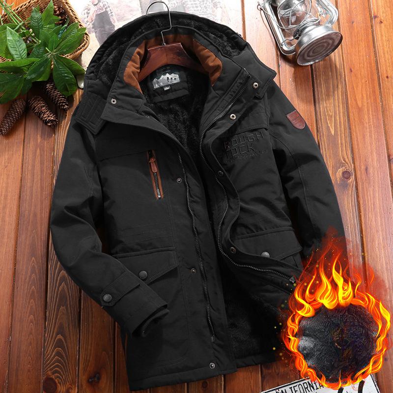 

Утепленная мужская бархатная утолщенная зимняя свободная повседневная куртка среднего возраста с несколькими мешками, утепленная куртка с защитой от холода 6XL чёрный