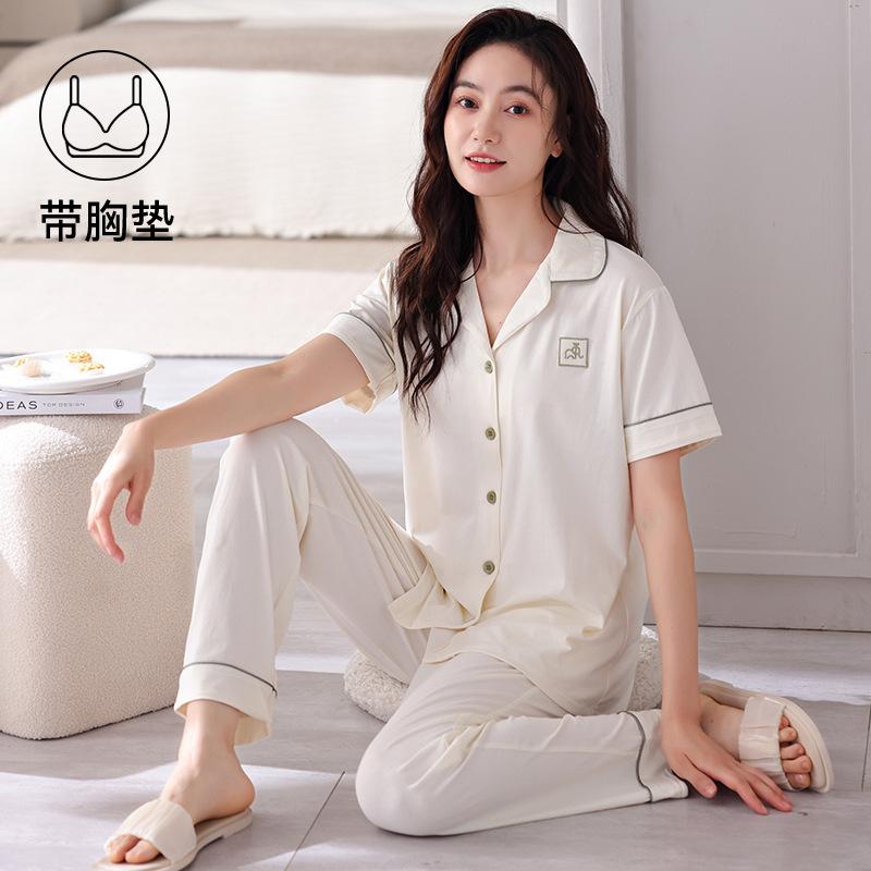 Pajamas with chest pads women's summer thin cotton short-sleeved trousers large size casual relaxation cardigan loungewear set