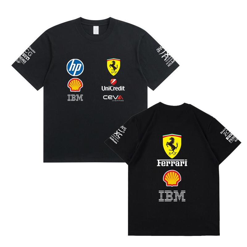 Camiseta Oversized de Casal Ferrari F1 Racing Estampa Clássica de Logo de Patrocinador Manga Curta Casual de Motorsport Streetwear