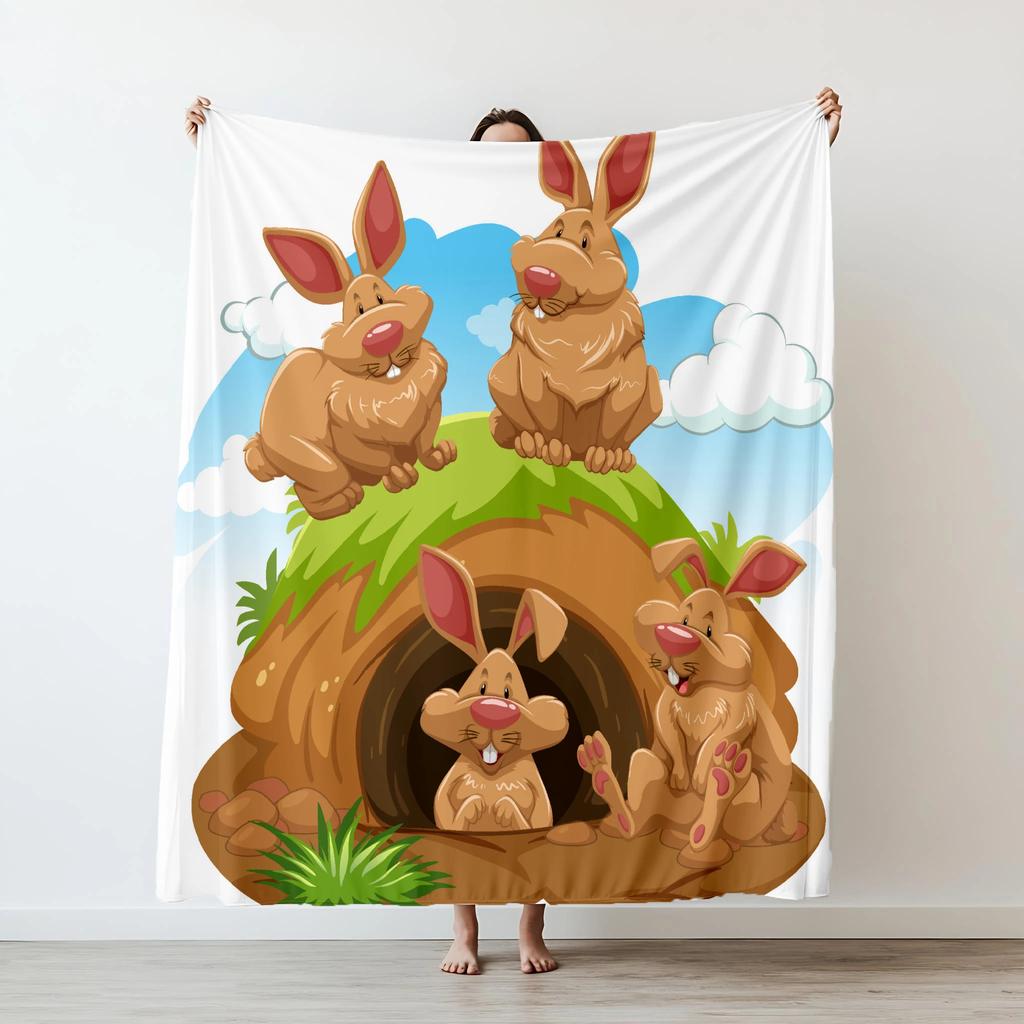Cartoon rabbits Happy Flannel Throw Printed Blanket Soft Warm Blanket Grain Blankets for Bedroom Couch Sofa