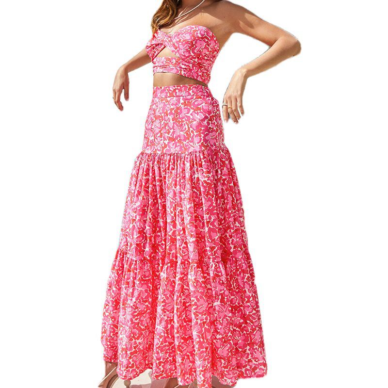 2026 Sommer-Herbst Europäisch-Amerikanisches Blumenmuster Trägerloses High-Waist Langes Rock-Set für Damen