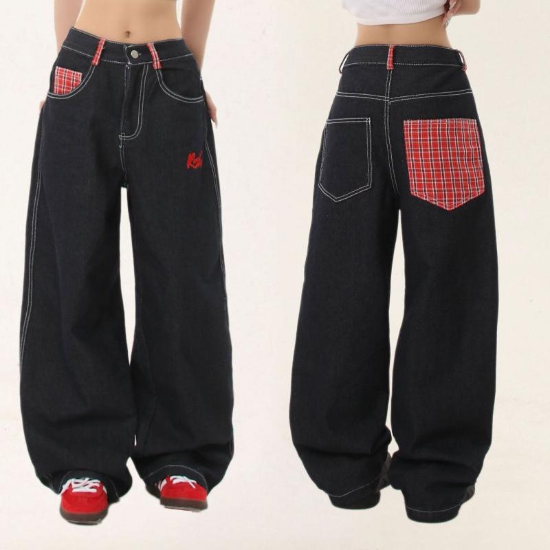 American Plaid Patchwork Cuffed Straight-Leg Jeans - Summer Women s Retro Casual Pants S