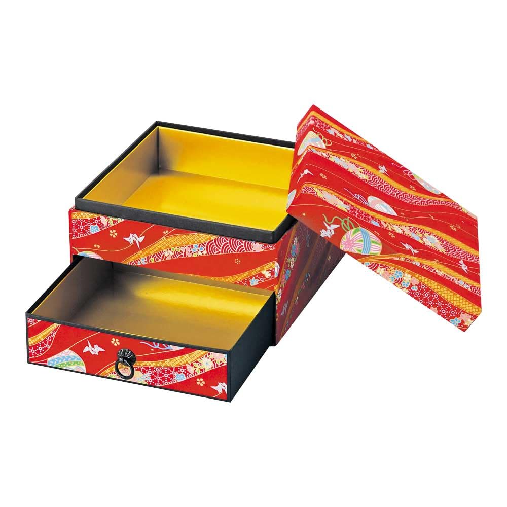 Yamaco Yuzen Two-Tier Paper Box with Drawer, Red, 15.2x15.2xH9.8cm, Product Code: 28131