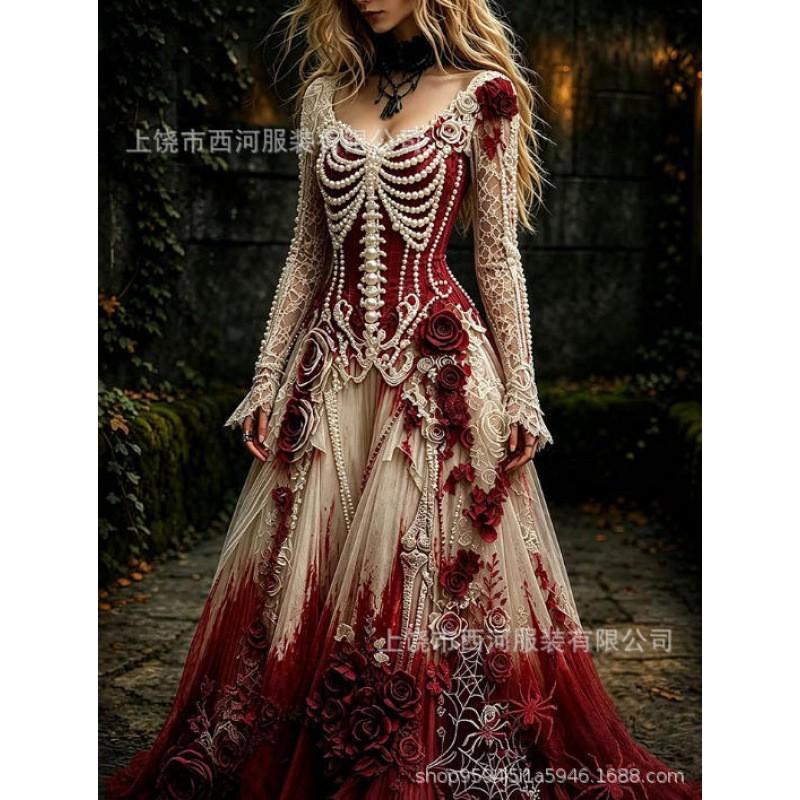 Abito Lungo da Donna con Stampa Sfumata Teschio Rosa Gotico Streetwear di Halloween