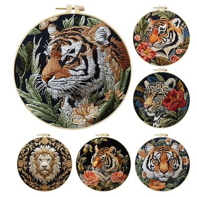 Tiger Stamped Cross Stitch Embroidery Kits with Hoop Cloth Color Thread