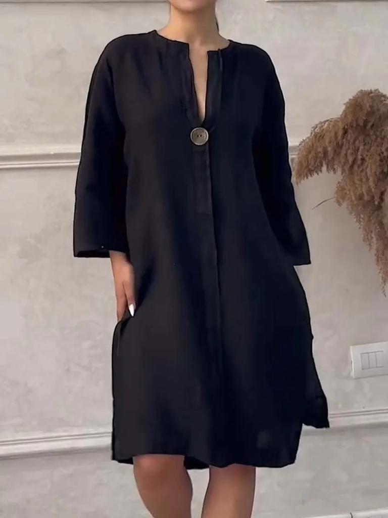 Women's New Cotton Linen Solid Color Casual Round Neck Button Long Dress