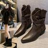 Cowhide version~ Zhao Ruth has the same pointed pile boots, short boots, high-heeled retro western knight boots, V-mouth medium boots.