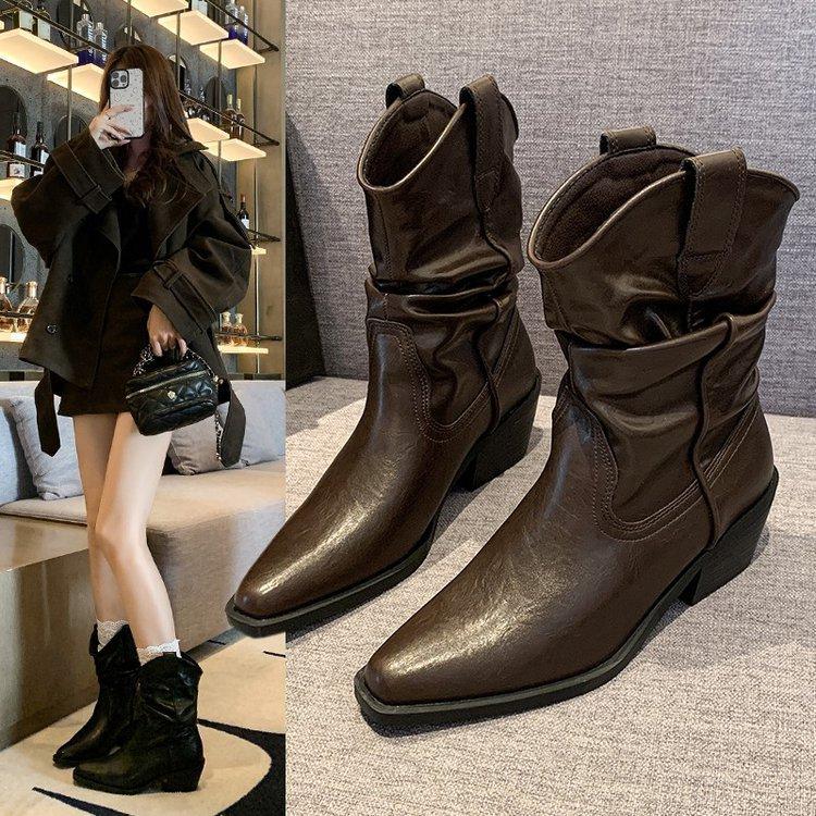 Cowhide version~ Zhao Ruth has the same pointed pile boots, short boots, high-heeled retro western knight boots, V-mouth medium boots.