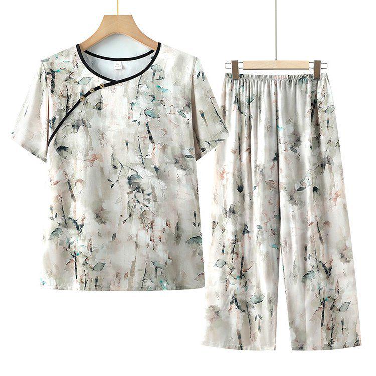 Elderly Women's Short Sleeve Summer Top & Pants Set - Lightweight Grandma Clothing