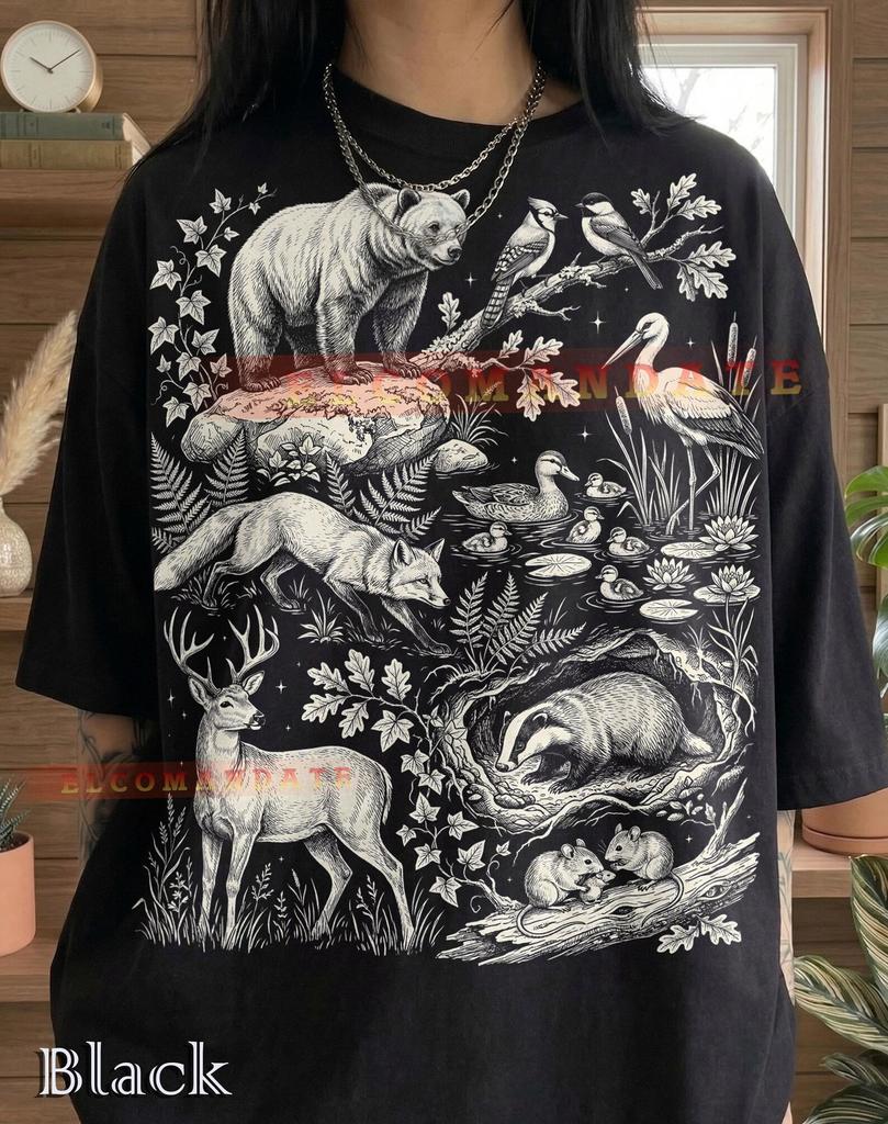 Woodland Animals Forest Wildlife Comfort Colors® Tshirt, Bear Deer Fox Badger Nature Lover Wilderness Vintage Animal Art Flora Fauna Tee