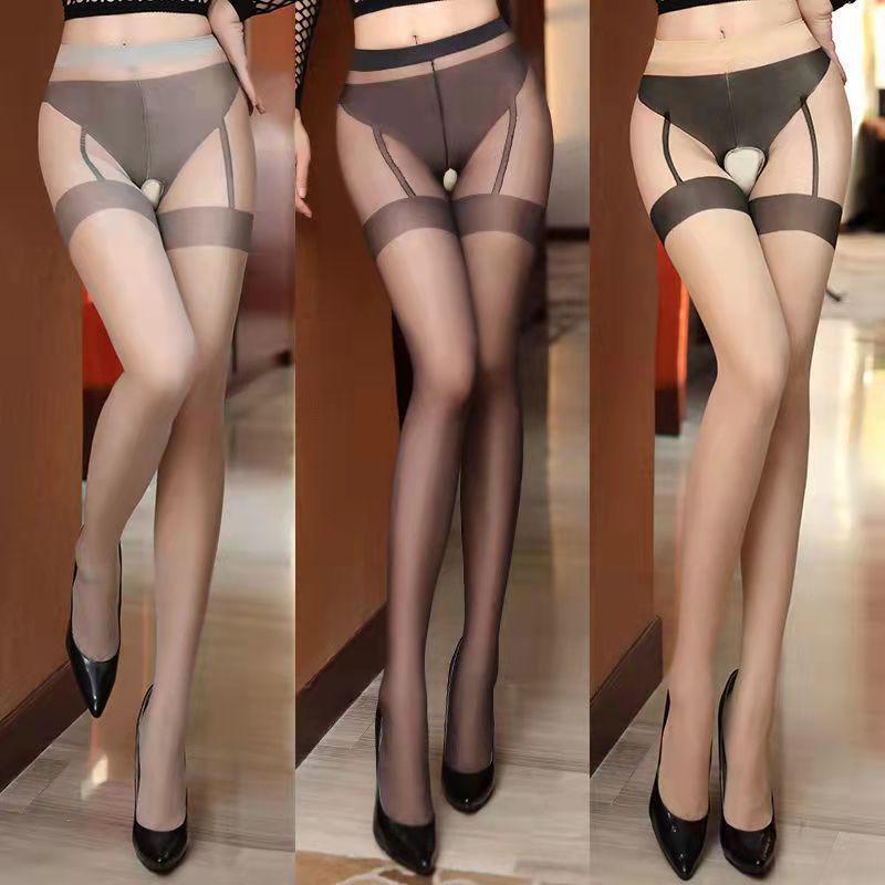 Sexy Retro Open Crotch 10D Pantyhose with Garter Belt - Faux Panties & Sheer Thigh-High Stockings.